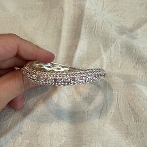 Silver Pink Crystal Hinged Bangle Bracelet